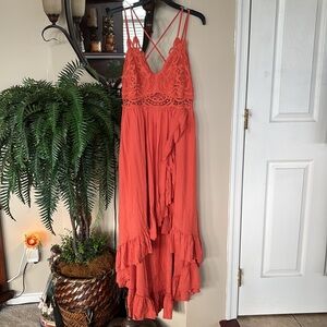 Brand New Perfectly Priscilla Orange High Low Maxi Dress Crochet Lace Ruffle